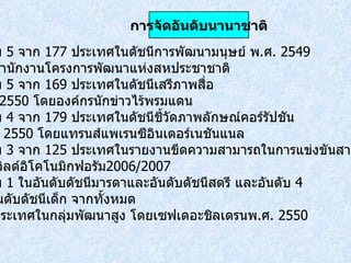 อันดับ  5  จาก  177  ประเทศในดัชนีการพัฒนามนุษย์ พ . ศ . 2549  โดยสำนักงานโครงการพัฒนาแห่งสหประชาชาติ อันดับ  5  จาก  169  ประเทศในดัชนีเสรีภาพสื่อ  พ . ศ . 2550  โดยองค์กรนักข่าวไร้พรมแดน อันดับ  4  จาก  179  ประเทศในดัชนีชี้วัดภาพลักษณ์คอร์รัปชัน พ . ศ . 2550  โดยแทรนส์แพเรนซีอินเตอร์เนชันแนล อันดับ  3  จาก  125  ประเทศในรายงานขีดความสามารถในการแข่งขันสากล ของเวิลด์อิโคโนมิกฟอรัม 2006/2007 อันดับ  1  ในอันดับดัชนีมารดาและอันดับดัชนีสตรี และอันดับ  4 ในอันดับดัชนีเด็ก จากทั้งหมด 41  ประเทศในกลุ่มพัฒนาสูง โดยเซฟเดอะชิลเดรนพ . ศ . 2550 การจัดอันดับนานาชาติ 