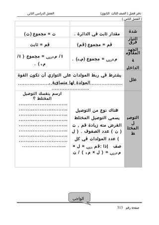 ‫الفصل الدراسي الثاني‬                                                   ‫دفتر فصل ) الصف الثالث الثانوي(‬
                                                                                                      ‫) الفصل الثامن (‬


                                                                                                           ‫شدة‬
     ‫ت = مجموع ) ت (‬                                    ‫مقدار ثابت في الدائرة .‬
                                                                                                           ‫التيار‬
                                                                                                           ‫فرق‬
            ‫قم = ثابت‬                                    ‫قم = مجموع ) ق م (‬
                                                                                                          ‫الجهد‬
                                                                                                         ‫المقاوم‬
‫= مجموع ) 1 /‬                           ‫1/ م‬
                             ‫0 الكلية‬
                                                       ‫= مجموع )م. 0 ( .‬             ‫0 الكلية‬   ‫م‬             ‫ة‬
                ‫م0 ( .‬
                                                                                                         ‫الداخلي‬
‫يشترط في ربط المولدات على التوازي أن تكون القوة‬
                                                                                                           ‫علل‬
‫...... . . . . . . . . . . . . . . .المولدة. .لها. .متساوية . ... . . . . . . . . . . . . . . . . . .‬
                                          ‫........ .. .........‬
                  ‫...... . . . . . . . . . . . . . . . . . .‬
    ‫ارسم بنفسك التوصيل‬
        ‫المختلط ؟‬
‫...... . . . . . . . . . . . . . . . . . . . . . . .‬
‫...... . . . . . . . . . . . . . . . . . . . . . . .‬    ‫هناك نوع من التوصيل‬
‫...... . . . . . . . . . . . . . . . . . . . . . . .‬
‫...... . . . . . . . . . . . . . . . . . . . . . . .‬    ‫يسمي التوصيل المختلط‬                              ‫التوصي‬
‫...... . . . . . . . . . . . . . . . . . . . . . . .‬                                                        ‫ل‬
                                                       ‫الغرض منه زيادة قم , ت‬
‫...... . . . . . . . . . . . . . . . . . . . . . . .‬                                                      ‫المختل‬
                                                       ‫) ن ( عدد الصفوف . ) ل‬                               ‫ط‬
‫...... . . . . . . . . . . . . . . . . . . . . . . .‬
‫...... . . . . . . . . . . . . . . . . . . . . . . .‬    ‫( عدد المولدات في كل‬
    ‫..... . . . . . . . . . . . . . . . . . . . . .‬    ‫إذا : ق م الكلية = ل ×‬               ‫صف‬
                                                       ‫= ) ل × م0 ( / ن‬                  ‫م 0 الكلية‬




                                                       ‫الواجب‬

                                                                                                    ‫صفحة رقم 313‬
 