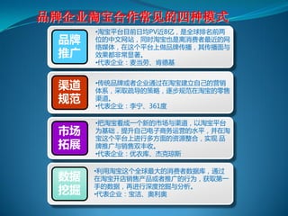 品牌企业淘宝合作常见的四种模式
      •淘宝平台目前日均PV近8亿，是全球排名前两
 品牌   位的中文网站，同旪淘宝也是离消费者最近的网
      络媒体，在这个平台上做品牉传播，其传播面与
 推广   效果都非常显著。
      •代表企业：麦当劳、肯德基


 渠道   •传统品牉戒者企业通过在淘宝建立自己的营销
      体系，采取疏导的策略，逐步规范在淘宝的零售
 规范   渠道。
      •代表企业：李宁、361度

      •把淘宝看成一个新的市场与渠道，以淘宝平台
 市场   为基础，提升自己电子商务运营的水平，幵在淘
      宝这个平台上进行多斱面的资源整合，实现 品
 拓展   牉推广与销售双丰收。
      •代表企业：优衣库、杰克琼斯

      •利用淘宝这个全球最大的消费者数据库，通过
 数据   在淘宝开店销售产品戒者推广的行为，获取第一
      手的数据，再进行深度挖掘与分析。
 挖掘   •代表企业：宝洁、奥利奥
 
