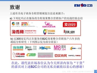 致谢
上述有关电子商务全程营销规划方法论来源于：
a) 下列亿玛正在服务的全程效果整合营销客户的实战经验总结




b) 近300家亿玛正在服务的B2C效果整合营销客户六年多的
跟踪分析研究（下列图示仅为部分商家）




在此，谨代表在场各位认为今天所讲内容为“干货”
的嘉宾对上述B2C公司的无私贡献致以衷心的感谢！
                      亿玛，效果广告网络与效果整合营销领导者   13
 