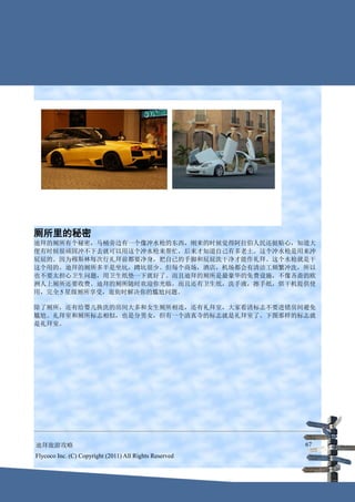 厕所里的秘密
迪拜的厕所有个秘密，马桶旁边有一个像冲水枪的东西，刚来的时候觉得阿拉伯人民还挺贴心，知道大
便有时候很顽固冲不下去就可以用这个冲水枪来帮忙，后来才知道自己有多老土。这个冲水枪是用来冲
屁屁的。因为穆斯林每次行礼拜前都要净身，把自己的手脚和屁屁洗干净才能作礼拜。这个水枪就是干
这个用的。迪拜的厕所多半是坐坑，蹲坑很少。但每个商场，酒店，机场都会有清洁工频繁冲洗，所以
也不要太担心卫生问题，用卫生纸垫一下就好了。而且迪拜的厕所是最豪华的免费设施，不像吝啬的欧
洲人上厕所还要收费。迪拜的厕所随时欢迎你光临，而且还有卫生纸，洗手液，擦手纸，烘干机提供使
用，完全 5 星级厕所享受，逛街时解决你的尴尬问题。

除了厕所，还有给婴儿换洗的房间大多和女生厕所相连，还有礼拜室，大家看清标志不要进错房间避免
尴尬。礼拜室和厕所标志相似，也是分男女，但有一个清真寺的标志就是礼拜室了。下图那样的标志就
是礼拜室。




迪拜旅游攻略                                                  67
Flycoco Inc. (C) Copyright (2011) All Rights Reserved
 