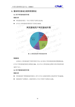 中国互联网络信息中心（CNNIC）

3. 整体网页游戏互联网背景特征
 3.1 用户网页游戏使用年限

 数据分析

    网页游戏年龄在一年以下的用户比例为 25.1%；

    3 年以上网页游戏年龄的用户比例为 39.2%。


              网页游戏用户网页游戏年限

                                   半年以下
                                    10.7%
                                          半年到1年
                  3年以上                     14.4%
                   39.2%


                                      1-2年
                                      22.7%
                           2-3年
                           13.0%



                图 12 网页游戏用户网页游戏年限


 数据解读

     总体而言，网页游戏用户使用年限并不高，这主要由于网页游戏发展时期较晚造成，

 2 年以下网页游戏经验的人群接近 50%，而 3 年以上网页游戏人群则主要以单机网页游

 戏用户为主。

 3.2 用户整体游戏使用年限

 数据分析

    网页游戏用户整体游戏时间较长，其中 3 年以上游戏年龄的占到总体用户的 60.9%；

    新游戏用户比例较少，游戏年龄在 1 年以下的用户比例仅为 12%。




                             30
 