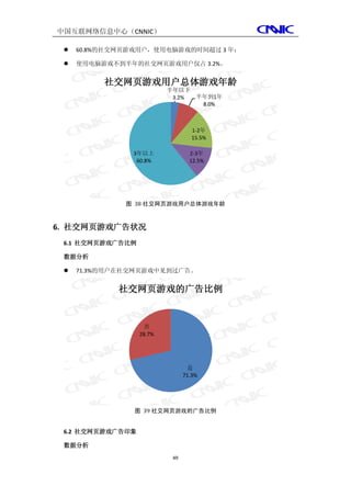 中国互联网络信息中心（CNNIC）

    60.8%的社交网页游戏用户，使用电脑游戏的时间超过 3 年；

    使用电脑游戏不到半年的社交网页游戏用户仅占 3.2%。


          社交网页游戏用户总体游戏年龄
                          半年以下
                           3.2% 半年到1年
                                 8.0%



                                   1-2年
                                   15.5%

               3年以上               2-3年
                60.8%             12.5%




              图 38 社交网页游戏用户总体游戏年龄



6. 社交网页游戏广告状况
 6.1 社交网页游戏广告比例

 数据分析

    71.3%的用户在社交网页游戏中见到过广告。


             社交网页游戏的广告比例


                   否
                  28.7%




                                 是
                                71.3%




                图 39 社交网页游戏的广告比例


 6.2 社交网页游戏广告印象

 数据分析
                           49
 