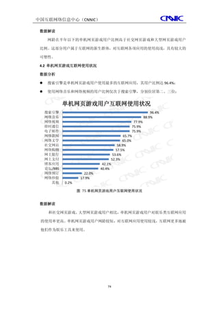 中国互联网络信息中心（CNNIC）

 数据解读

      网龄在半年以下的单机网页游戏用户比例高于社交网页游戏和大型网页游戏用户

 比例。这部分用户属于互联网的新生群体，对互联网各项应用的使用尚浅，具有较大的

 可塑性。

 4.2 单机网页游戏互联网使用状况

 数据分析

     搜索引擎是单机网页游戏用户使用最多的互联网应用，其用户比例达 96.4%；

     使用网络音乐和网络视频的用户比例仅次于搜索引擎，分别位居第二、三位；


              单机网页游戏用户互联网使用状况
     搜索引擎                                                       96.4%
     网络音乐                                                   88.9%
     网络视频                                           77.9%
     即时通信                                          75.9%
     电子邮件                                          75.9%
     网络新闻                                     65.7%
     网络文学                                    65.0%
     社交网站                                 58.9%
     网络购物                                57.5%
     网上银行                              53.6%
     网上支付                             52.3%
     博客应用                        42.1%
     论坛/BBS                     40.4%
     网络预订               22.0%
     网络炒股             17.9%
              0.2%

                     图 75 单机网页游戏用户互联网使用状况
       其他




 数据解读

      和社交网页游戏、大型网页游戏用户相比，单机网页游戏用户对娱乐类互联网应用

 的使用率更高。单机网页游戏用户网龄较短，对互联网应用使用较浅，互联网更多地被

 他们作为娱乐工具来使用。




                                    74
 