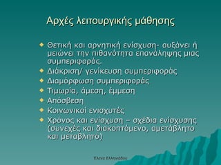 Αρχές λειτουργικής μάθησης Θετική και αρνητική ενίσχυση- αυξάνει ή μειώνει την πιθανότητα επανάληψης μιας συμπεριφοράς.  Διάκριση/   γενίκευση συμπεριφοράς Διαμόρφωση συμπεριφοράς  Τιμωρία ,  άμεση, έμμεση Απόσβεση  Κοινωνικοί ενισχυτές Χρόνος και ενίσχυση – σχέδια ενίσχυσης (συνεχές και διακοπτόμενο, αμετάβλητο και μεταβλητό) Έλενα Ελληνιάδου 