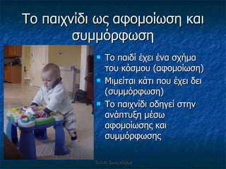 Το παιχνίδι ως αφομοίωση και συμμόρφωση Το παιδί έχει ένα σχήμα του κόσμου (αφομοίωση) Μιμείται κάτι που έχει δει (συμμόρφωση) Το παιχνίδι οδηγεί στην ανάπτυξη μέσω αφομοίωσης και συμμόρφωσης Έλενα Ελληνιάδου 