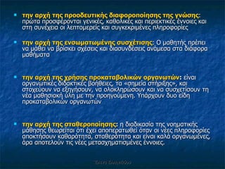 την αρχή της προοδευτικής διαφοροποίησης της γνώσης : πρώτα προσφέρονται γενικές, καθολικές και περιεκτικές έννοιες και στη συνέχεια οι λεπτομερείς και συγκεκριμένες πληροφορίες την αρχή της ενσωματωμένης συσχέτισης : Ο μαθητής πρέπει να μάθει να βρίσκει σχέσεις και διασυνδέσεις ανάμεσα στα διάφορα μαθήματα την αρχή της χρήσης προκαταβολικών οργανωτών :  είναι οργανωτικές διδακτικές βοήθειες, τα «σημεία στήριξης», και στοχεύουν να εξηγήσουν, να ολοκληρώσουν και να συσχετίσουν τη νέα μαθησιακή ύλη με την προηγούμενη. Υπάρχουν δυο είδη προκαταβολικών οργανωτών την αρχή της σταθεροποίησης :  η διαδικασία της νοηματικής μάθησης θεωρείται ότι έχει αποπερατωθεί όταν οι νέες πληροφορίες αποκτήσουν καθαρότητα, σταθερότητα και είναι καλά οργανωμένες, άρα αποτελούν τις νέες μετασχηματισμένες έννοιες. Έλενα Ελληνιάδου 