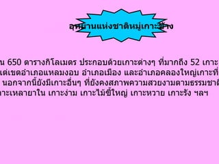 มี เนื้อที่ทั้งสิ้น  650  ตารางกิโลเมตร ประกอบด้วยเกาะต่างๆ ที่มากถึง  52  เกาะ เรียงรายตั้งแต่เขตอำเภอแหลมงอบ อำเภอเมือง และอำเภอคลองใหญ่เกาะที่สำคัญที่สุด  คือ เกาะช้าง นอกจากนี้ยังมีเกาะอื่นๆ ที่ยังคงสภาพความสวยงามตามธรรมชาติได้แก่ เกาะคลุ้ม เกาะเหลายาใน เกาะง่าม เกาะไม้ซี้ใหญ่ เกาะหวาย เกาะรัง ฯลฯ  อุทยานแห่งชาติหมู่เกาะช้าง 