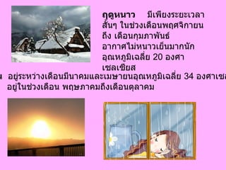 ฤดูร้อน   อยู่ระหว่างเดือนมีนาคมและเมษายนอุณหภูมิเฉลี่ย  34  องศาเซลเซียส ฤดูฝน   อยู่ในช่วงเดือน พฤษภาคมถึงเดือนตุลาคม  ฤดูหนาว มีเพียงระยะเวลาสั้นๆ ในช่วงเดือนพฤศจิกายน ถึง เดือนกุมภาพันธ์  อากาศไม่หนาวเย็นมากนัก อุณหภูมิเฉลี่ย 20 องศาเซลเซียส 