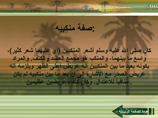 صفة منكبيه : كان صلى الله عليه وسلم أشعر المنكبين  ( أي عليهما شعر كثير ) ، واسع ما بينهما، والمنكب هو مجمع العضد والكتف .  والمراد بكونه بعيد ما بين المنكبين أنه عريض أعلى الظهر ويلزمه أنه عريض الصدر مع الإشارة إلى أن بعد ما بين منكبيه لم يكن منافياً للاعتدال .  وكان كتفاه عريضين عظيمين .  عودة للصفحة الرئيسية 