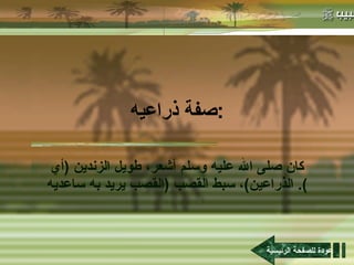 صفة ذراعيه : كان صلى الله عليه وسلم أشعر، طويل الزندين  ( أي الذراعين ) ، سبط القصب  ( القصب يريد به ساعديه ).    عودة للصفحة الرئيسية 