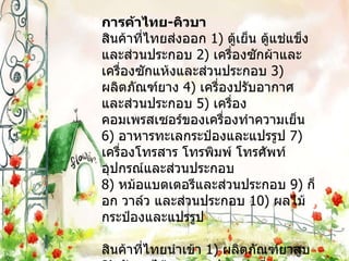 การค้าไทย - คิวบา สินค้าที่ไทยส่งออก   1)  ตู้เย็น ตู้แช่แข็งและส่วนประกอบ  2)  เครื่องซักผ้าและเครื่องซักแห้งและส่วนประกอบ  3)  ผลิตภัณฑ์ยาง  4)  เครื่องปรับอากาศและส่วนประกอบ  5)  เครื่องคอมเพรสเซอร์ของเครื่องทำความเย็น  6)  อาหารทะเลกระป๋องและแปรรูป  7)  เครื่องโทรสาร โทรพิมพ์ โทรศัพท์ อุปกรณ์และส่วนประกอบ 8)  หม้อแบตเตอรีและส่วนประกอบ  9)  ก็อก วาล์ว และส่วนประกอบ   10)  ผลไม้กระป๋องและแปรรูป สินค้าที่ไทยนำเข้า  1)  ผลิตภัณฑ์ยาสูบ  2)  ผักผลไม้และของปรุงแต่งที่ทำจากผักผลไม้  3)  เครื่องดื่มประเภทน้ำแร่ น้ำอัดลมและสุรา 