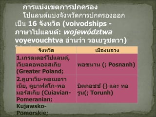 การแบ่งเขตการปกครอง โปแลนด์แบ่งจังหวัดการปกครองออกเป็น  16  จังหวัด  ( voivodships -  ภาษาโปแลนด์ :  województwa   voyevouchtva  อ่านว่า วอเยวูชตวา )   ได้แก่ จังหวัด เมืองหลวง 1. เกรตเตอร์โปแลนด์ ,  เวียลคอพอลสเกีย  ( Greater Poland; Wielkopolskie; Vielkhopolskhie) พอซนาน   (; Posnanh) 2. คูยาเวีย - พอเมอราเนีย ,  คูยาฟสโก - พอมอร์สเกีย  ( Cuiavian-Pomeranian; Kujawsko-Pomorskie; Khuyavsko-Pomorskhie) บิดกอชช์   ()  และ ทอรูน (; Torunh) 
