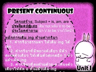 โครงสร้าง :  Subject + is, am, are + Verb 1 ing.  ประโยคปฏิเสธ   เติม  not  หลัง  V.to be   ประโยคคำถาม   นำ  V.to be  วางไว้หน้าประโยค หลักการเติม  ing  ท้ายคำกริยา             1.  คำกริยาธรรมดา ให้เติม  ing  ได้เลย         2.  คำกริยาที่มีพยางค์เดียว มีตัวสะกดตัวเดียว ให้เพิ่มตัวสะกดอีก  1  ตัว แล้วเติม  ing 3.  คำกริยาที่ลงท้ายด้วย  e  เพียงตัวเดียวให้ตัด  e  ทิ้งแล้วเติม  ing 4.  คำกริยาที่ลงท้ายด้วย  ie  ให้เปลี่ยน  ie  เป็น  y  แล้วเติม  ing 