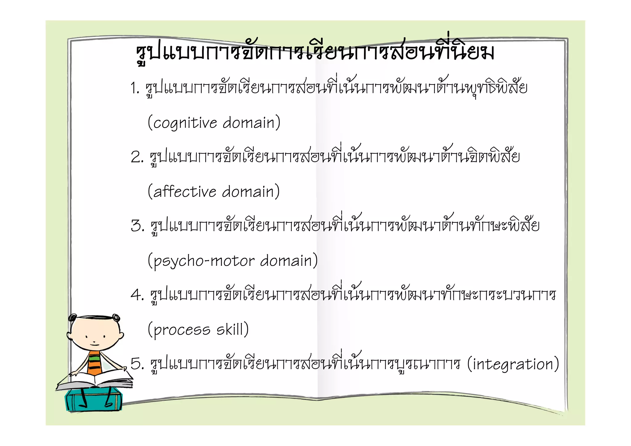 1.                           F                   F
     (cognitive domain)
2.                               F                   F
     (affective domain)
3.                                           F           F
     (psycho-motor domain)
4.                                   F
     (process skill)
5.                                       F                   (integration)
 