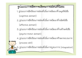 1.                           F                   F
     (cognitive domain)
2.                               F                   F
     (affective domain)
3.                                           F           F
     (psycho-motor domain)
4.                                   F
     (process skill)
5.                                       F                   (integration)
 