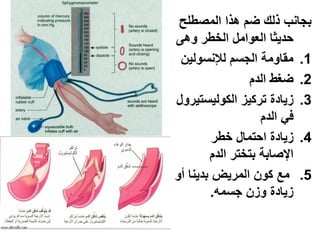 ‫بجانب ذلك ضم هذا المصطلح‬
‫حدٌثا العوامل الخطر وهى‬
 ‫1. مقاومة الجسم لإلنسولٌن‬
                ‫2. ضغط الدم‬
‫3. زٌادة تركٌز الكولٌستٌرول‬
                   ‫فً الدم‬
         ‫4. زٌادة احتمال خطر‬
        ‫اإلصابة بتختر الدم‬
‫5. مع كون المرٌض بدٌنا أو‬
        ‫زٌادة وزن جسمه.‬
 