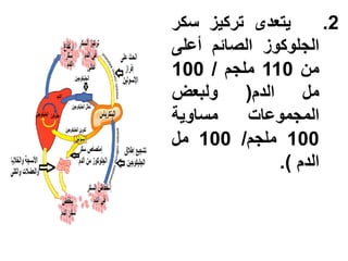‫ٌتعدى تركٌز سكر‬       ‫2.‬
‫الجلوكوز الصائم أعلى‬
‫من 011 ملجم / 001‬
‫مل الدم( ولبعض‬
‫مساوٌة‬    ‫المجموعات‬
‫001 ملجم/ 001 مل‬
              ‫الدم ).‬
 
