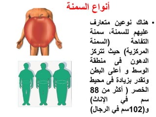 ‫أنواع السمنة‬
      ‫• هناك نوعٌن متعارف‬
      ‫علٌهم للسمنة، سمنة‬
      ‫(السمنة‬       ‫التفاحة‬
      ‫المركزٌة) حٌث تتركز‬
      ‫الدهون فى منطقة‬
      ‫الوسط و أعلى البطن‬
      ‫وتقدر بزٌادة فى محٌط‬
      ‫الخصر ( أكثر من 88‬
      ‫اإلناث)‬    ‫فً‬    ‫سم‬
      ‫و(201سم فً الرجال)‬
 
