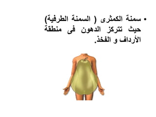 ‫• سمنة الكمثرى ( السمنة الطرفٌة)‬
‫حٌث تتركز الدهون فى منطقة‬
                ‫األرداف و الفخذ.‬
 