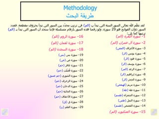 Methodology طريقة البحث لقد نظّم الله تعالى السور الستة التي تبدأ ب  ( الم )   في ترتيب محدّد بين السور التي تبدأ بحروف مقطعة، فعدد السور ذوات الفواتح هو  29  سورة، ولو رقمنا هذه السور بأرقام متسلسلة فإننا سنجد أن السور التي تبدأ بـ  ( الم )   ترتيبها كما يلي : 16-  سورة الروم  ( الم ) 17-  سورة لقمان  ( الم ) 18-  سورة السجدة  ( الم ) 19-  سورة يس  ( يس ) 20-  سورة ص  ( ص ) 21-  سورة غافر  ( حم ) 22-  سورة فُصّلت  ( حم ) 23-  سورة الشورى  ( حم عسق ) 24-  سورة الزخرف  ( حم ) 25-  سورة الدخان  ( حم ) 26-  سورة الجاثية  ( حم ) 27-  سورة الأحقاف  ( حم ) 28-  سورة ق  ( ق ) 29-  سورة القلم  ( ن ) 1-  سورة البقرة  ( الم ) 2-  سورة آل عمران  ( الم ) 3-  سورة الأعراف  ( المص ) 4-  سورة يونس  ( الر ) 5-  سورة هود  ( الر ) 6-  سورة يوسف  ( الر ) 7-  سورة الرعد  ( المر ) 8-  سورة إبراهيم  ( الر ) 9-  سورة الحِجر  ( الر ) 10-  سورة مريم  ( كهيعص ) 11-  سورة طه  ( طه ) 12-  سورة الشعراء  ( طسم ) 13-  سورة النمل  ( طس ) 14-  سورة القصص  ( طسم ) 15-  سورة العنكبوت  ( الم ) 