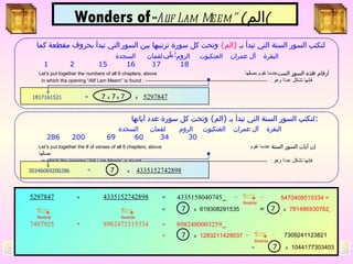 لنكتب السور الستة التي تبدأ بـ  ( الم )   وتحت كل سورة ترتيبها بين السور   التي تبدأ بحروف مقطعة كما يلي : Let’s put together the numbers of all 6 chapters, above    أرقام هذه السور الست  عندما نقوم بصفِّها   in which the opening “Alif Lam Meem” is found : --------------------------------------------------------------------------  :   فإنها تشكل عددًا وهو   =  7  x  7   x   7   x   5297847 لنكتب السور الستة التي تبدأ بـ  ( الم )  وتحت كل سورة عدد آياتها : Let’s put together the # of verses of all 6 chapters, above    إن  آيات  السور الستة   عندما نقوم بصفِّها   in which the opening “Alif Lam Meem” is found : --------------------------------------------------------------------------  :   فإنها تشكل عددًا وهو = 7  x   4335152742898 + + 7309241123821 5470408515334 =   1817161521   30346069200286   البقرة  آل عمران   العنكبوت   الروم   لقمان   السجدة   18  17  16  15  2  1   البقرة  آل عمران   العنكبوت   الروم   لقمان   السجدة   30  34  60  69  200  286   Wonders of  “ Alif Lam Meem”   ( الم )   5297847 4335152742898 = 7  x   619308291535 7487925 8982472515334 = 7  x  1283211429037 = 4335158040745   =  7  x   781486930762   = 8982480003259   Reverse . . Reverse . . = 7  x   1044177303403 Reverse …   … Reverse …   … 