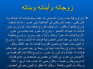 زوجاته وأبنائه وبناته   تزوج برقية بنت رسول الله صلى الله عليه وسلم فولدت له عبدالله وبه كان يكنى ، بعدما كان يكنى في الجاهلية بأبي عمرو ، ثم لما توفيت تزوج بأختها أم كلثوم ، ثم توفيت فتزوج بفاخته بنت غزوان بن جابر فولدت له عبيدالله الأصغر ، وتوج بأم عمرو بنت جندب بن عمرو الأزدية فولدت له عمرا وخالدا وأبانا وعمر ومريم ، وتزوج بفاطمة بنت الوليد بن عبد شمس المخزومية فولدت له الوليد وسعيدا ، وتزوج أم البنين بنت عيينة بن حصن الفزارية فولدت له عبد الملك ويقال وعتبة ، وتزوج رملة بنت شيبة بن ربيعة بن عبد شمس بن عبد مناف فولدت له عائشة وأم أبان وأم عمرو ، وتزوج نائلة بنت الفرافصة بن الأحوص بن عمرو بن ثعلبة بن حصن بن ضمضم بن عدي فولدت له مريم ويقال وعنبسة ، وقتل رضي الله عنه وعنده أربع  :  نائلة ورملة وأم البنين وفاختة ، ويقال أنه طلق أم البنين وهو في الحصار . 