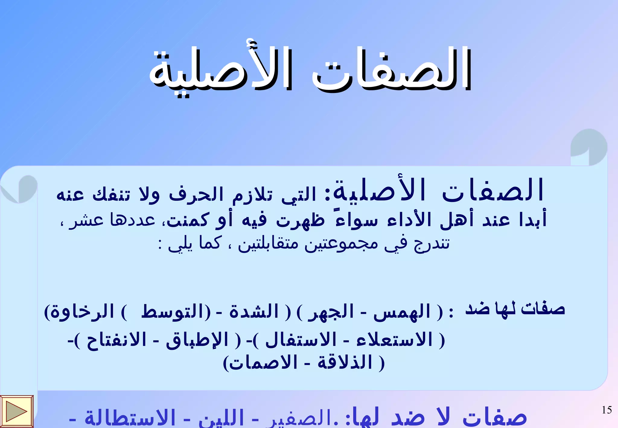الصفات الأصلية الصفات الأصلية :   التي تلازم الحرف ولا تنفك عنه أبدا عند أهل الأداء سواءً ظهرت فيه أو كمنت ، عددها عشر ، تندرج في مجموعتين متقابلتين ، كما يلي  : صفات لها ضد   : (  الهمس  -  الجهر  ) (  الشدة  - ( التوسط  )  الرخاوة )  (  الاستعلاء  -  الاستفال  )- (  الإطباق  -  الانفتاح  )- (  الذلاقة  -  الاصمات ) صفات لا ضد لها : . الصفير  -  اللين  -  الاستطالة  -  القلقلة  -  الانحراف  - التكرير  -  التفشي  -  الغنة  -  الخفاء  