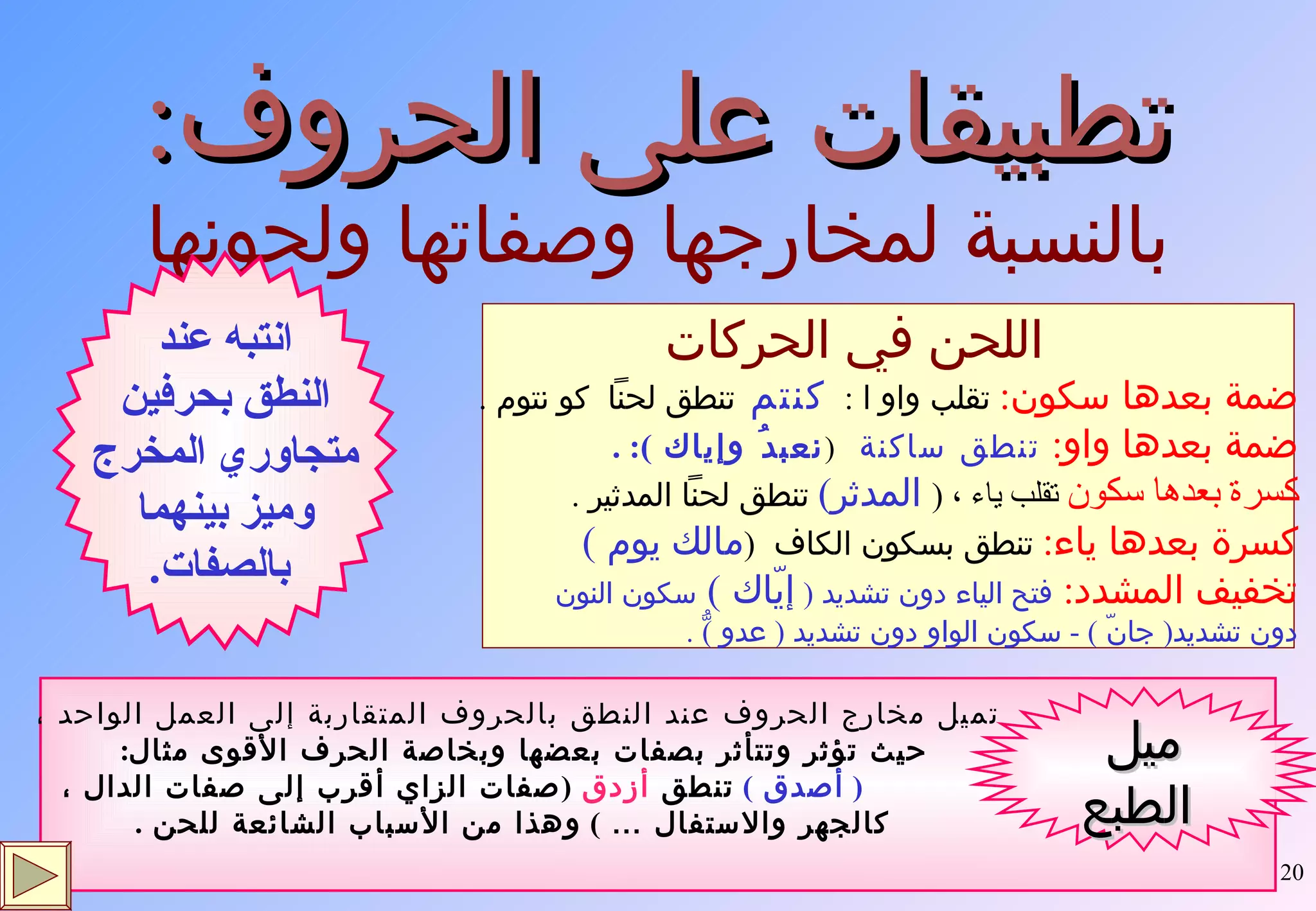 تطبيقات على الحروف : بالنسبة لمخارجها وصفاتها ولحونها تميل مخارج الحروف عند النطق بالحروف المتقاربة إلى العمل الواحد ،  حيث تؤثر وتتأثر بصفات بعضها وبخاصة الحرف الأقوى مثال :  (  أصدق  )   تنطق  أزدق   ( صفات الزاي أقرب إلى صفات الدال ، كالجهر والاستفال …  )  وهذا من الأسباب الشائعة للحن  . ميل الطبع اللحن في الحركات ضمة بعدها سكون :   تقلب واو ا  :  كنتم  تنطق لحناً  كو نتوم  . ضمة بعدها واو :  تنطق ساكنة  ( نعبدُ وإياك  ): . كسرة بعدها سكون  تقلب ياء ،  (   المدثر )   تنطق لحناً المدثير  . كسرة بعدها ياء :   تنطق بسكون الكاف  ( مالك يوم  )  تخفيف المشدد :  فتح الياء دون تشديد  (   إيّاك  )  سكون النون  دون تشديد (  جانّ  ) -  سكون الواو دون تشديد  (  عدو  ) ُّ  .  انتبه عند النطق بحرفين متجاوري المخرج  وميز بينهما بالصفات . 