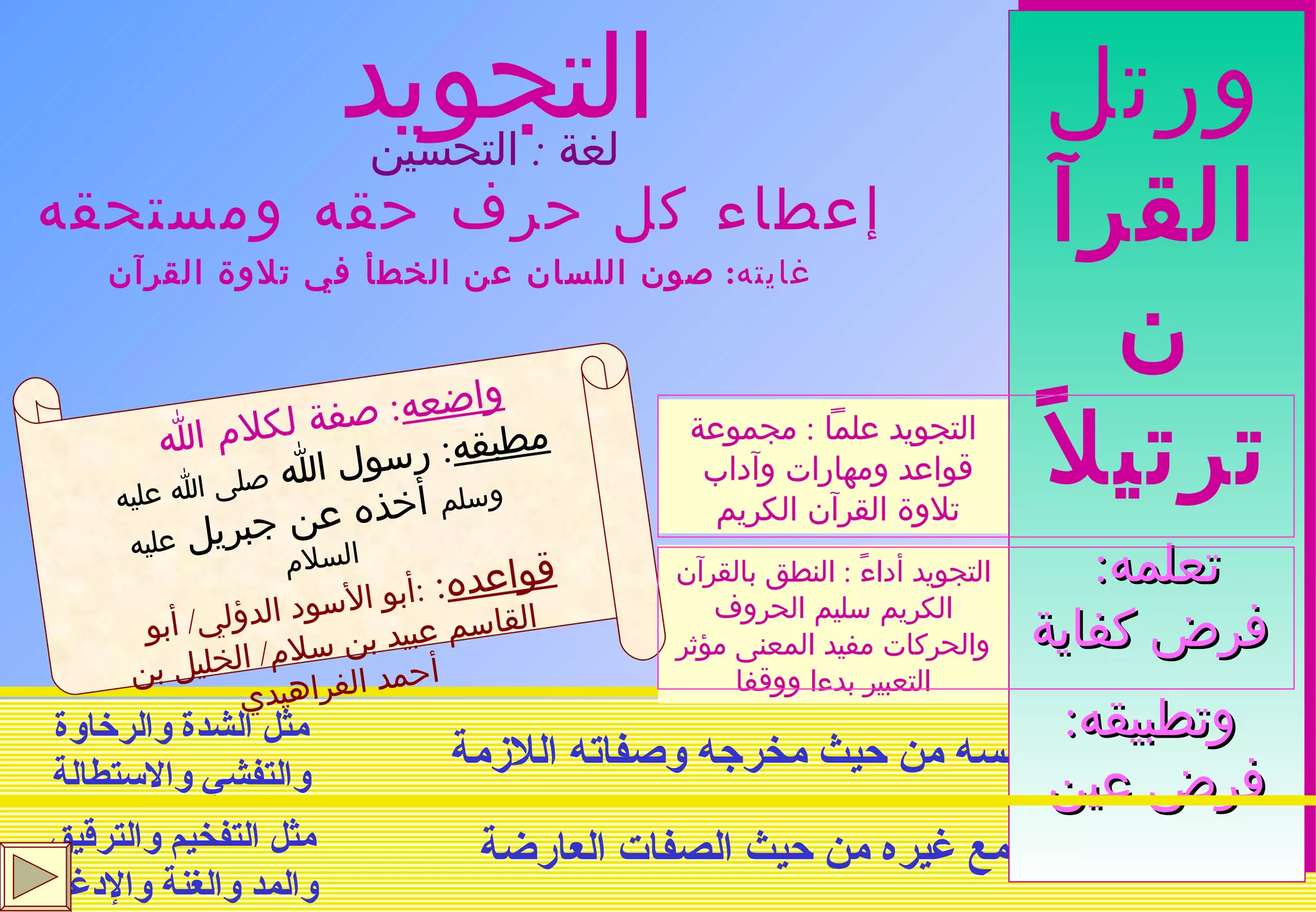 التجويد إعطاء كل حرف حقه ومستحقه غايته :  صون اللسان عن الخطأ في تلاوة القرآن التجويد أداءً  :  النطق بالقرآن الكريم سليم الحروف والحركات مفيد المعنى مؤثر التعبير بدءا ووقفا التجويد علماً  :  مجموعة قواعد ومهارات وآداب  تلاوة القرآن الكريم  حق الحرف :  في نفسه من حيث مخرجه وصفاته اللازمة مستحق الحرف :   مع غيره من حيث الصفات العارضة ورتل القرآن ترتيلاً تعلمه : فرض كفاية وتطبيقه :  فرض عين واضعه :  صفة لكلام الله   مطبقه :  رسول الله  صلى الله عليه وسلم  أخذه عن جبريل  عليه السلام قواعده :  : أبو الأسود الدؤلي /  أبو القاسم عبيد بن سلام /  الخليل بن أحمد الفراهيدي لغة  :  التحسين   مثل الشدة والرخاوة والتفشي والاستطالة مثل التفخيم والترقيق والمد والغنة والإدغام 