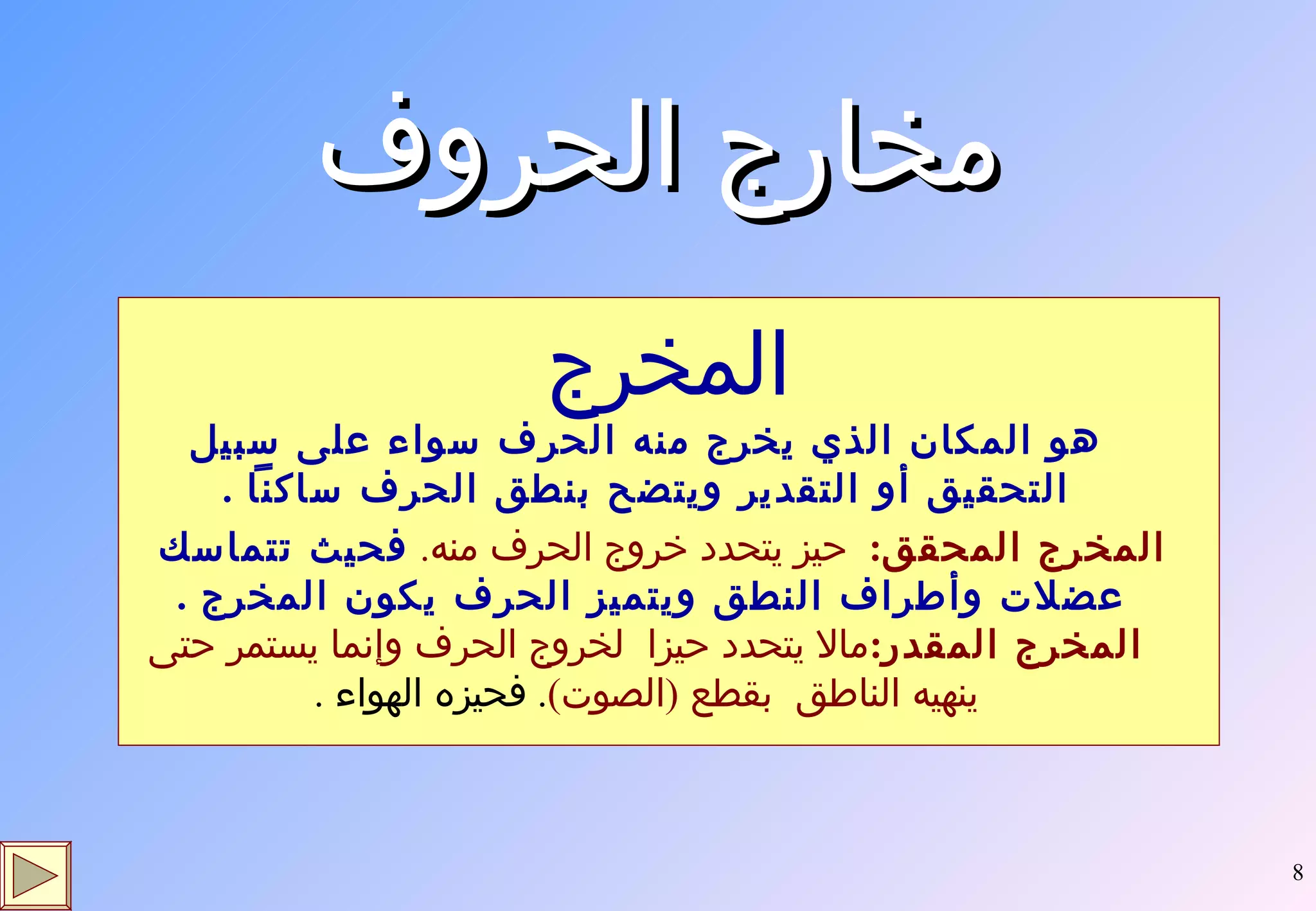 مخارج الحروف المخرج هو المكان الذي يخرج منه الحرف سواء على سبيل التحقيق أو التقدير ويتضح بنطق الحرف ساكناً  . المخرج المحقق :   حيز يتحدد خروج الحرف منه .  فحيث تتماسك عضلات وأطراف النطق ويتميز الحرف يكون المخرج  .  المخرج المقدر : مالا يتحدد حيزا  لخروج الحرف وإنما يستمر حتى ينهيه الناطق  بقطع  ( الصوت ) .  فحيزه الهواء  . 