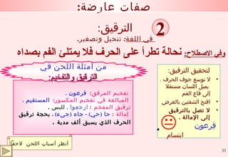 : الترقيق وفي الاصطلاح :   نحالة تطرأ على الحرف فلا يمتلئ الفم بصداه في اللغة :  تنحيل وتصغير . : صفات عارضة 2 تفخيم المرقق :  فرعون  . المبالغة في تفخيم المكسور :  المستقيم  . ترقيق المفخم  :   ارجعوا  .  للبس  .  إمالة  :   حا  ( حي ) -  جاء  ( جىء )  .  بحجة ترقيق  الحرف الذي يسبق ألف مدية   . من أمثلة اللحن في الترقيق والتفخيم : أنظر أسباب اللحن  لاحقاً لتحقيق الترقيق : لا توسع جوف الحرف  .  يميل اللسان مستفلا إلى قاع الفم  افتح الشفتين بالعرض لا تصل بالترقيق إلى الإمالة  . ابتسام . فِرعون 