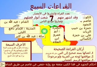 أحكام التجويد في هذا الكتيب متفقة مع رواية حفص عن عاصم من طريق الشاطبية القراءات السبع المدينة  :  الإمام نافع الليثي مكة  :  عبد الله بن كثير الأحرف السبعة وحدة أداء القرآن الكريم حسب ألسنة الأقوام ولهجاتهم وقد أُذن به تيسيراً للأمة ومراعاة لطبائع الألسنة  ولا يراد بها القراءات السبع   أركان القراءة الصحيحة 1.   اتصالها بسند صحيح إلى النبي  صلي الله عليه وسلم 2.   موافقتها لوجه من العربية ولو مرجوح اً 3.   موافقتها للرسم  العثماني الكوفة :  عاصم بن أبي النجود حمزة بن حبيب الزيات علي بن حمزة الكسائي البصرة  :  أبو عمرو ابن العلاء تعدد القراء وانتشروا في الأمصار . وقد اشتهر منهم  شعت أنوار فضلهم وصاروا مرجع الناس الشام  :  عبد الله بن عامر 7 