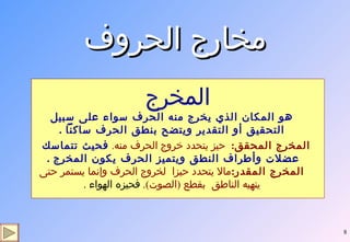 مخارج الحروف المخرج هو المكان الذي يخرج منه الحرف سواء على سبيل التحقيق أو التقدير ويتضح بنطق الحرف ساكناً  . المخرج المحقق :   حيز يتحدد خروج الحرف منه .  فحيث تتماسك عضلات وأطراف النطق ويتميز الحرف يكون المخرج  .  المخرج المقدر : مالا يتحدد حيزا  لخروج الحرف وإنما يستمر حتى ينهيه الناطق  بقطع  ( الصوت ) .  فحيزه الهواء  . 