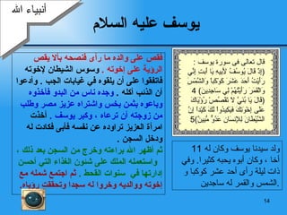 يوسف عليه السلام فقص على والده ما رأى  فنصحه   بأ لا يقص   الرؤية  على إخوته   .  وسوس الشيطان لإخوته  فاتفقوا على أن يلقوه في   غيابات الجب   .  و أ دعوا  أن الذئب أكله   .  وجده  ناس من   البدو فأخذوه  وباعوه بثمن بخس واشتراه عزيز مصر   وطلب  من زوجته أن ترعاه   ،  وكبر يوسف  .  أخذت  امرأة العزيز  تراوده عن نفسه فأبى فكادت له  ودخل السجن   . ثم أظهر الله براءته وخرج من السجن  بعد ذلك  ، واستعمله الملك على شئون الغذاء التي أحسن  إدارتها في   سنوات القحط   .   ثم اجتمع شمله مع  إخوته ووالديه وخروا له سجدا وتحققت رؤياه .  أنبياء الله ولد سيدنا يوسف وكان له  1 1   أخا  ،  وكان أبوه يحبه كثيرا .  وفي ذات ليلة رأى أحد عشر كوكبا   و الشمس والقمر له ساجدين  . قال تعالى فى سورة يوسف  : ( إِذْ قَالَ يُوسُفُ لِأَبِيهِ يَا أَبتِ إِنِّي  رَأَيْتُ أَحَدَ عَشَرَ كَوْكَباً وَالشَّمْسَ وَالْقَمَرَ رَأَيْتُهُمْ لِي سَاجِدِينَ )   4  ( قَالَ يَا بُنَيَّ لاَ تَقْصُصْ رُؤْيَاكَ  عَلَى إِخْوَتِكَ فَيَكِيدُواْ لَكَ كَيْداً إِنَّ الشَّيْطَانَ لِلإِنسَانِ عَدُوٌّ مُّبِينٌ )5   