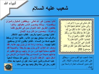 شعيب عليه السلام كانوا يعبدون غير الله تعالى   ، ويطففون المكيال   والميزان  وينقصونه   ، وبذلك   يبخسون الناس   حقوقهم  وكانوا  يقطعون   الطريق لأخذ ال أ موال ممن   في الطريق ظلما  وعدوانا   ، ويصدون   من كان   يريد الإيمان   . أ خذوا يهددون  شعيبا  بالرجم   ،   فطلب منهم الانتظار  والترقب   لما سيلحق بهم من عذاب  .  طلبوا منه  أ ن يسقط  عليهم كسفا من السماء   ، فكانوا يظنون أنه لن يستطيع  تنفيذ   تهديده   .   وجاءت  إ رادة الله ان ينزل بهم عذابه .  فقد  وصف الله العذاب الذي ينزل بهم بالرجفة  والصيحة فقد  أظلتهم سحابة فيها شرر   من نار ولهب   ووهج عظيم .  ثم  جاءتهم   صيحة من السماء   ورجفة شديدة من ال أ رض من  أ سفل   منهم   ،   فزهقت   ال أ رواح   .  ونجى الله سبحانه شعيباً عليه السلام والذين آمنوا معه .  قيل  إ ن شعيب ا  بعد هلاك  القوم رحل إلى مكة وظل يتعبد بها حتى مات   . بُعث شعيب نبيا لقوم مدين  ،  ويطلق  على  أ هل مدين  أ صحاب ال أ يكة .   كان  أ هل مدين  أ صحاب تجارة واسعة بين البلاد   . أنبياء الله قال تعالى  فى سورة الاعراف  :  وَإِلَى مَدْيَنَ أَخَاهُمْ شُعَيْبًا قَالَ يَا قَوْمِ اعْبُدُوا اللَّهَ مَا لَكُمْ مِنْ إِلَهٍ غَيْرُهُ قَدْ جَاءَتْكُمْ بَيِّنَةٌ مِنْ رَبِّكُمْ فَأَوْفُوا الْكَيْلَ وَالْمِيزَانَ وَلَا تَبْخَسُوا النَّاسَ أَشْيَاءَهُمْ وَلَا تُفْسِدُوا فِي الْأَرْضِ بَعْدَ إِصْلَاحِهَا ذَلِكُمْ خَيْرٌ لَكُمْ إِنْ كُنْتُمْ  مؤمنين ( 85) 