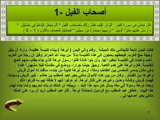 أصحاب الفيل   -1 كانت اليمن تابعة للنجاشي ملك الحبشة   .  وقام والي اليمن  (   أبرهة   )  ببناء كنيسة   عظيمة، وأراد أن يغيّر وجهة حجّ العرب .  فيجعلهم   يحجّون إلى هذه الكنيسة بدلا   من بيت الله الحرام .   وقيل أن رجلا من العرب ذهب وأحدث في الكنيسة تحقيرا لها .  وأن   بنو ا  كنانة قتلوا رسول أبرهة الذي جاء يطلب منهم الحج  للكنيسة .   فعزم أبرهة على هدم الكعبة .  وجهّز جيشا جرارا، ووضع في مقدمته فيلا مشهورا عنده   . وفي مكان يسمى المغمس بين الطائف ومكة، أرسل أبرهة كتيبة من   جنده، ساقت له أموال قريش  وغيرها من القبائل   .  وكان من بين هذه الأموال مائتي بعير لعبد المطلب بن هاشم   ، كبير قريش وسيّدها .  فهمّت قريش وكنانة وهذيل وغيرهم على قتال أبرهة .  ثم عرفوا أنهم لا طاقة لهم به فتركوا ذلك   . وبعث أبرهة رسولا إلى مكة يسأل عن سيد هذا البلد  ،  ويبلغه أن الملك لم ي أ ت لحربهم وإنما جاء لهدم  هذا البيت   .  انطلق عبد المطلب مع الرسول لمحادثة أبرهة   .  قال عبد المطلب أريد أن يرد علي الملك  مائتي بعير أصابها لي   . قال تعالى فى سورة الفيل  :  أَلَمْ تَرَ كَيْفَ فَعَلَ رَبُّكَ بِأَصْحَابِ الْفِيلِ   *  أَلَمْ يَجْعَلْ كَيْدَهُمْ فِي تَضْلِيلٍ   *  وَأَرْسَلَ عَلَيْهِمْ طَيْرًا أَبَابِيلَ   *  تَرْمِيهِمْ بِحِجَارَةٍ مِنْ سِجِّيلٍ   *  فَجَعَلَهُمْ كَعَصْفٍ مَأْكُولٍ   ( 1 – 5 ) 