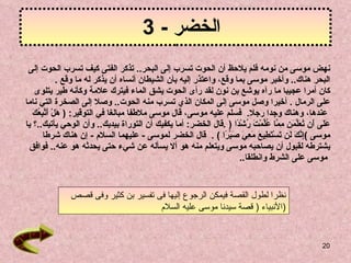 الخضر  - 3  نهض موسى من نومه فلم يلاحظ أن الحوت تسرب إلى البحر ..  تذكر الفتى كيف تسرب الحوت إلى  البحر هناك ..  وأخبر موسى بما وقع، واعتذر إليه بأن الشيطان أنساه أن يذكر له ما وقع   . كان أمرا عجيبا ما رآه   يوشع بن نون  لقد رأى الحوت يشق الماء فيترك علامة وكأنه طير يتلوى  على الرمال   .  أخيرا وصل موسى إلى المكان الذي تسرب منه الحوت ..  وصلا إلى الصخرة التي ناما عندها،   وهناك وجدا رجلا .  فسلم عليه موسى، قال موسى ملاطفا مبالغا في التوقير :  (  هَلْ   أَتَّبِعُكَ  عَلَى أَن تُعَلِّمَنِ مِمَّا عُلِّمْتَ رُشْدًا   (  . قال الخضر :  أما يكفيك أن التوراة بيديك ..  وأن الوحي يأتيك .. ؟ يا  موسى   ) إِنَّكَ لَن تَسْتَطِيعَ مَعِيَ صَبْرًا   )  .   قال الخضر لموسى  -   عليهما السلام   -  إن هناك شرطا  يشترطه لقبول أن يصاحبه موسى ويتعلم منه هو ألا يسأله عن شيء حتى يحدثه هو عنه ..  فوافق موسى على الشرط وانطلقا .. نظرا لطول القصة فيمكن الرجوع إليها فى تفسير بن كثير وفى قصص الأنبياء  (  قصة سيدنا موسى عليه السلام  ) 