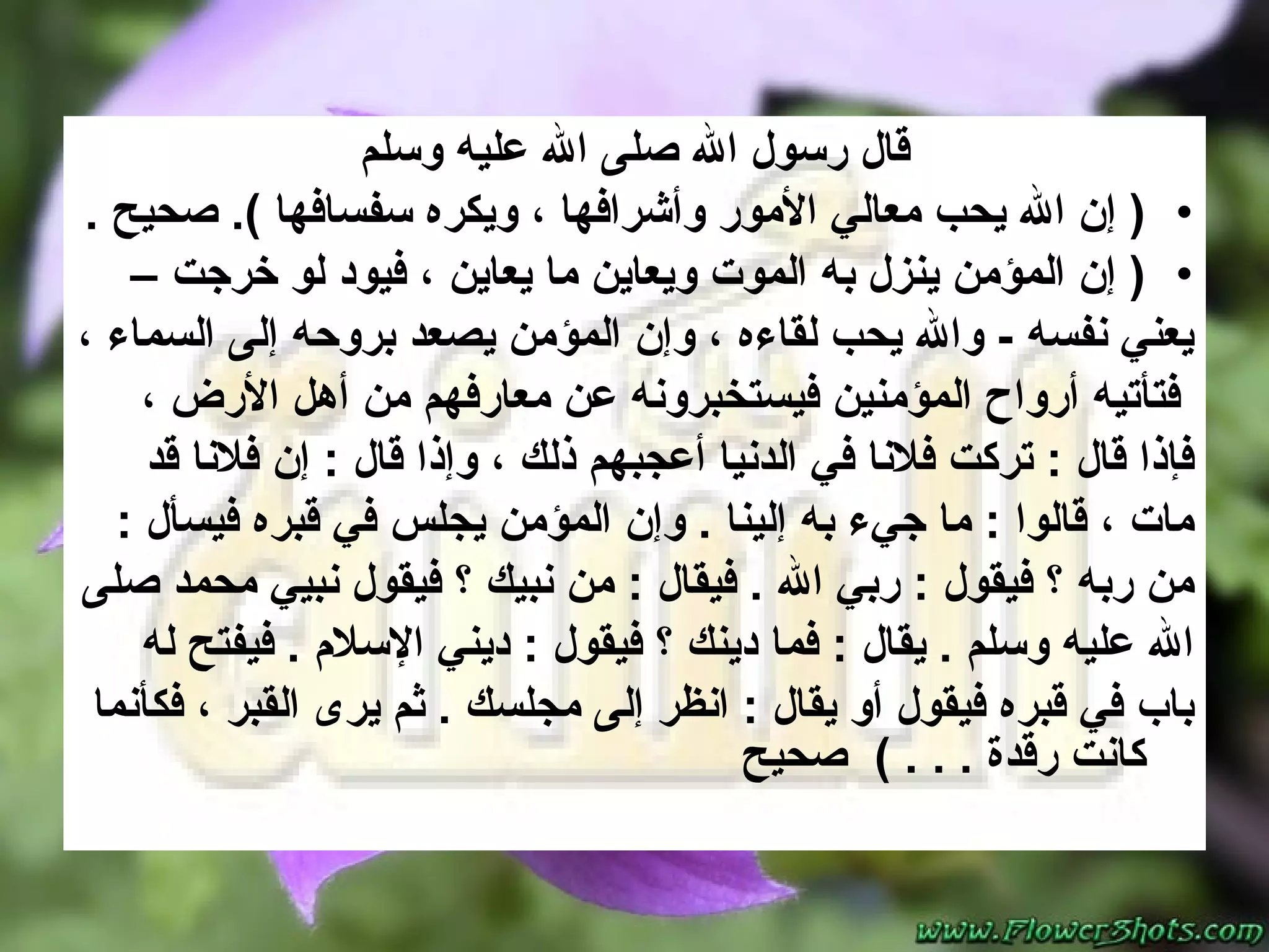 قال رسول الله صلى الله عليه وسلم (  إن الله يحب معالي الأمور وأشرافها ، ويكره سفسافها   ) .  صحيح   . (  إن المؤمن ينزل به الموت ويعاين ما يعاين ، فيود لو خرجت  –  يعني نفسه  -   والله يحب لقاءه ، وإن المؤمن يصعد بروحه إلى السماء ، فتأتيه أرواح المؤمنين فيستخبرونه عن معارفهم من أهل الأرض ،  فإذا قال  :  تركت فلانا في الدنيا أعجبهم ذلك ، وإذا قال  :  إن فلانا قد  مات ، قالوا  :  ما جيء به إلينا  .  وإن المؤمن يجلس في قبره فيسأل  :  من ربه ؟ فيقول  :  ربي الله  .  فيقال  :  من نبيك ؟ فيقول نبيي محمد صلى  الله عليه وسلم  .  ي قال  :  فما دينك ؟  فيقول   :  ديني الإسلام  .  فيفتح له  باب في قبره فيقول أو يقال  :  انظر إلى مجلسك  .  ثم يرى القبر ، فكأنما كانت رقدة  .  . . )  صحيح 