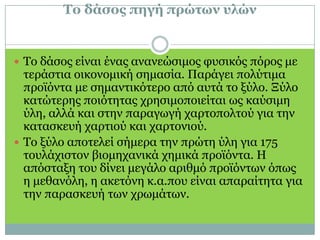 Το δάσος πηγή πρώτων υλών Το δάσος είναι ένας ανανεώσιμος φυσικός πόρος με τεράστια οικονομική σημασία. Παράγει πολύτιμα προϊόντα με σημαντικότερο από αυτά το ξύλο. Ξύλο κατώτερης ποιότητας χρησιμοποιείται ως καύσιμη ύλη, αλλά και στην παραγωγή χαρτοπολτού για την κατασκευή χαρτιού και χαρτονιού. Το ξύλο αποτελεί σήμερα την πρώτη ύλη για 175 τουλάχιστον βιομηχανικά χημικά προϊόντα. Η απόσταξη του δίνει μεγάλο αριθμό προϊόντων όπως η μεθανόλη, η ακετόνη κ.α.που είναι απαραίτητα για την παρασκευή των χρωμάτων.