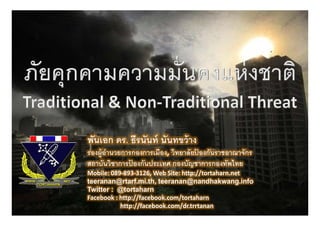 พนเอก ดร. ธรนนท นันทขว้ าง
พันเอก ดร ธีรนันท์ นนทขวาง
รองผู้อานวยการกองการเมือง, วิทยาลัยปองกันราชอาณาจักร
       ํ                            ้
สถาบันวิชาการปองกันประเทศ กองบัญชาการกองทัพไทย
              ้
สถาบนวชาการปองกนประเทศ กองบญชาการกองทพไทย
Mobile: 089‐893‐3126, Web Site: http://tortaharn.net 
teeranan@rtarf.mi.th, teeranan@nandhakwang.info
Twitter : @tortaharn
Facebook : http://facebook.com/tortaharn
           http://facebook.com/dr.trrtanan
 