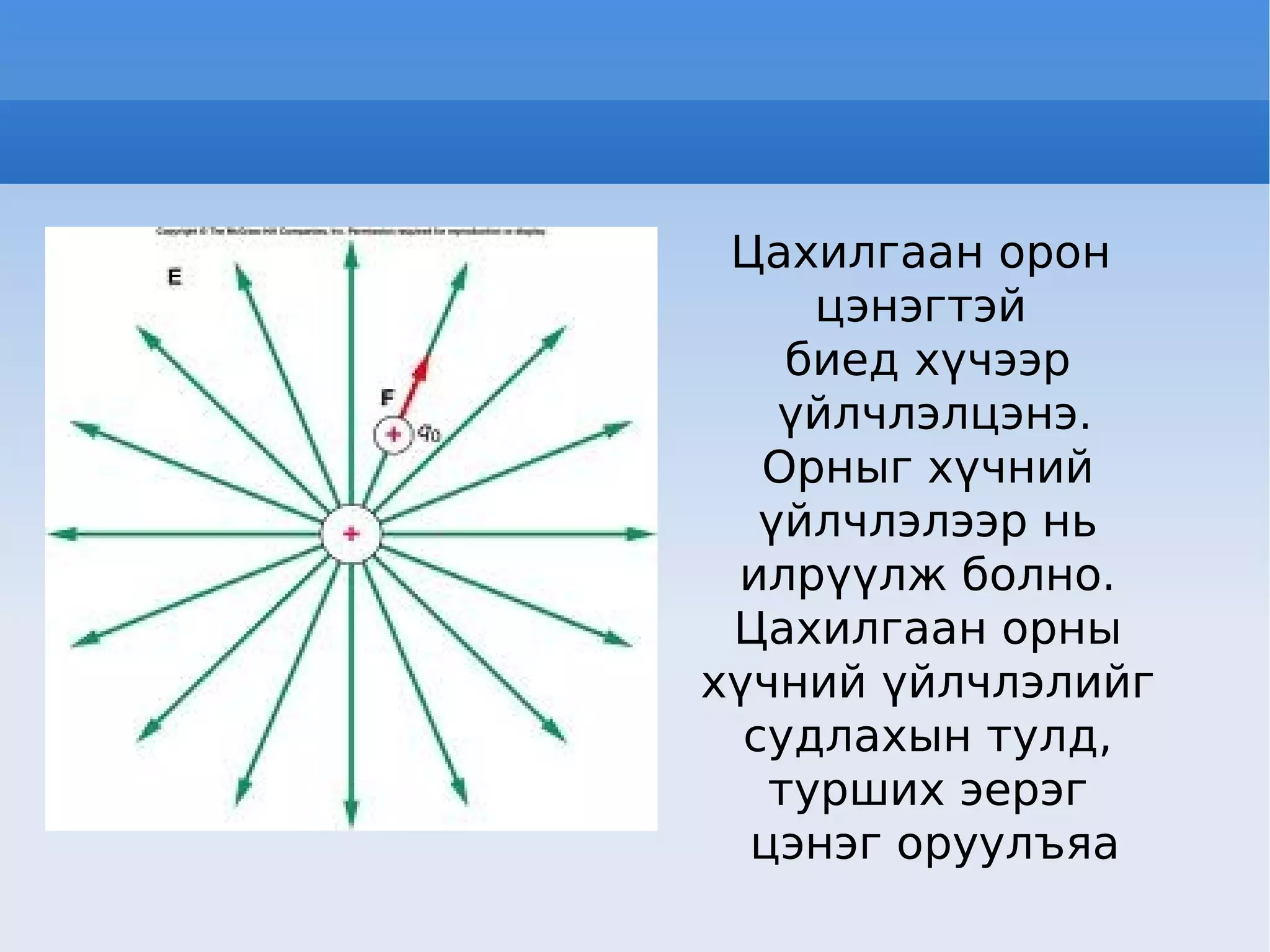 Цахилгаан орон  цэнэгтэй  биед хүчээр үйлчлэлцэнэ. Орныг хүчний үйлчлэлээр нь  илрүүлж болно. Цахилгаан орны хүчний үйлчлэлийг  судлахын тулд, турших эерэг цэнэг оруулъяа 