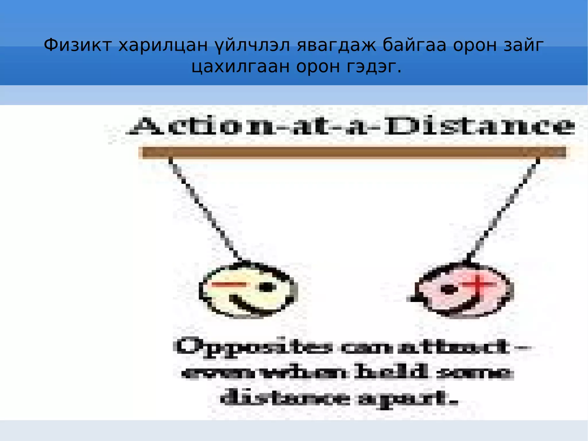 Физикт харилцан үйлчлэл явагдаж байгаа орон зайг цахилгаан орон гэдэг. 