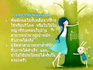 ผลการดำเนินงานพืชผักผลไม้ที่เหลือจากการใช้หรือบริโภค  หรือใบไม้ใบหญ้าที่ร่วงหล่นในบ้านสามารถนำมาทำน้ำหมักชีวภาพได้จริงผู้จัดทำสามารถทำน้ำหมักชีวภาพได้สำเร็จ  และนำไปใช้ประโยชน์ได้จริงในครอบครัว7