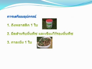 การเตรียมอุปกรณ์1. ถังพลาสติก 1 ใบ2. มีดสำหรับหั่นพืช และเขียงไว้รองหั่นพืช3. กาละมัง 1 ใบ4