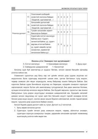 ÌÀÒÅÌÀÒÈÊ ÑÓÐÃÀËÒÛÍ ¯Ð Ä¯ÍÃ ¯ÍÝËÝÕ



                        ¯íýëãýýíèé õýëáýðèéã
                  17. îíîâ÷òîé ñîíãîñîí áàéäàë           5   4     3   2   1
                        / Áîäèòîé, õ¿ðòýýìæòýé. . /
                        Õè÷ýýëèéí ä¿ãíýëòèéã
                  18. îíîâ÷òîé ñîíãîñîí áàéäàë           5   4     3   2   1
                        / Áîäèòîé, õ¿ðòýýìæòýé. . /
                        Òóõàéí õè÷ýýëèéí çîðèëò
                  19.                                    5   4     3   2   1
¯íýëãýý ä¿ãíýëò         áèåëýãäñýí áàéäàë
                        Ñóðàã÷èéí ñýòãýë õàíãàëóóí
                        áàéãàà ýñýõ / Ñóðàã÷
                        õºãæèëòýé áàéíà. óó, ñóðàã÷
                  20. ººðòºº èòãýëòýé áàéíà.             5   4
                                                                   3   2   1
                        óó, ñóðàã÷ ººðèéí ç¿ãýýñ
                        ñàíàà÷ëàí, èäýâõèòýé
                        õè÷ýýëëýæ áàéíà óó /



                        Îíîîíû óòãà / Õàìààðàõ òîîã äóãóéëààðàé /
             5. Ñýòãýë õàíãàëóóí          4. Åðºíõèéäºº õàíãàëóóí              3. Äóíä çýðýã
             2. Ñàéæðóóëàõ øààðäëàãàòàé            1. Õàíãàëòã¿é
   Õè÷ýýëä ñóóæ áóé àæèãëàã÷èä óã õóóäñûã áºãëºæ, õè÷ýýë çààñàí áàãøèéí àðãàç¿éä
¿íýëãýý õèéñýí þì.
   Óëàìæëàëò ñóðãàëòûí ¿åä áàãø íàð íýã öàãèéí õè÷ýýë äýýð ñóäëàõ àãóóëãàà õýò
èõä¿¿ëñíýýñ áîëæ ñóðàã÷äàä ìýäëýãèéã øàõàæ ºãºõ, öàãòàà áàãòààõûí òóëä ìýäëýã,
÷àäâàð ýçýìøèõ ¿éë ÿâöûã àëäàãäóóëæ, ºíãºö áàéäëààð çîõèîí áàéãóóëæ áàéñàí. Áàñ
õýðýãëýæ áàéãàà ñóðàõ áè÷ãèéíõýý àãóóëãàä õýò áàðèãäàæ, õ¿¿õäèéí ñîíèðõîë õýðýãöýýã
õàðãàëçàõã¿é, ìýäëýã á¿òýýõ ¿éë àæèëëàãààíä òóëãóóðëàõã¿é, áèå äààæ àæèëëàõ áîëîìæ,
õóãàöàà îëãîõã¿éãýýð õè÷ýýëýý ÿâóóëæ áàéëàà. Ýíý á¿ãäèéã ººð÷èëæ, ñóðãàëòûã çºâ çîõèîí
áàéãóóëàõûí òóëä äýýðõè àñóóëòóóäûã àíõààðàõ øààðäëàãàòàé þì. Õ¿¿õäèéí õºãæëèéã
äýìæèõ õè÷ýýë ÿâóóëàõàä íýã ÷óõàë ç¿éë áîë áàãøèéí àñóóëò ãýäãèéã àíõààðàõ ¸ñòîé.
Õè÷ýýë äýýð àñóóõ àñóóëò, ñîíãîæ àâñàí æèøýý áîäëîãî îéëãîìæòîé, ýíãèéí òýäíèé ºìíºõ
ìýäëýã, òóðøëàãà äýýð ¿íäýñëýñýí áàéâàë çîõèíî.
   Õè÷ýýë á¿ðèéí äàðàà ä¿ãíýëò õèéõ íü ÷óõàë. Ä¿ãíýëò íü 2 ÷èãëýëòýé.
   1. Áàãø ººðºº õè÷ýýëýý ä¿ãíýõ
   2. Ñóðàã÷äûí òóõàéí õè÷ýýë äýýð ýçýìøñýí ìýäëýã, ÷àäâàð, îéëãîëòûã àíçààð÷,
      ñóðàã÷äûí õýðýãöýý ñîíèðõîëûã òàíäàæ, äàðààãèéí õè÷ýýëèéí àðãàç¿éã òºëºâëºõºä
      àøèãëàõóéö ¿íýëãýý õèéõ ÿâäàë þì.




                                                                                             57
 