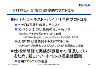 HTTP/1.x は（実は)効率的なプロトコル

     HTTP はテキスト+バイナリ混在プロトコル
         ヘッダは可読性の高いテキスト
         コンテンツは CPU 負荷の低いバイナリ
             ただしバイナリ長をテキストで表現
               Content-Length, chunked エンコーディングのバイト数
         cf. SMTP は古典的テキストプロトコル
             メッセージの終わりは CR LF . CR LF を探索して検出

     仕様が明確で実装が容易かつ普及してい
     るため、新しいプロトコルの提案は困難
         専用プロトコルの衰退
2011年2月17日              ウェブアーキテクチャの歴史と未来               17
 