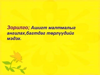 Зорилго;   Ашигт малтмалыг ангилах,багтдаг төрлүүдийг мэдэх. 