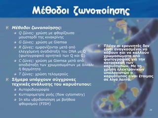 26Μέθοδοι ζωνοποίησηςΜέθοδοι ζωνοποίησης:Q ζώνες: χρώση με φθορίζουσα μουσταρδί της κινακρίνηςG ζώνες: χρώση με GiemsaR ζώνες: εμφανίζονται μετά από ελεγχόμενη αναδιάταξη του DNA με Q (φωτογραφικό αρνητικό των Q και G)C ζώνες: χρώση με Giemsa μετά από αποδιάταξη των χρωμοσωμάτων με άλκαλι ή θερμότηταΤ ζώνες: χρώση τελομερούςΣήμερα υπάρχουν σύγχρονες τεχνικές ανάλυσης του καρυότυπου:ΑυτοραδιογραφίαΚυτταρομετρία ροής (flow cytometry)In situ υβριδοποίηση με βοήθεια φθορισμού (FISH)Πλέον οι ερευνητές δεν είναι αναγκασμένοι να κόβουν και να κολλούν χρωμοσώματα από φωτογραφίες για την κατασκευή των καρυότυπων. Με τη χρήση ηλεκτρονικών υπολογιστών ο καρυότυπος είναι έτοιμος σε λίγα λεπτά.26