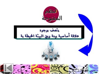 ا لنظم المفتوحة يتصف بوجود علاقة أساسية بينة وبين البيئة المحيطة بة المحاضرة الرابعة  /  الإدارة التربوية من منظور منحى النُظم 